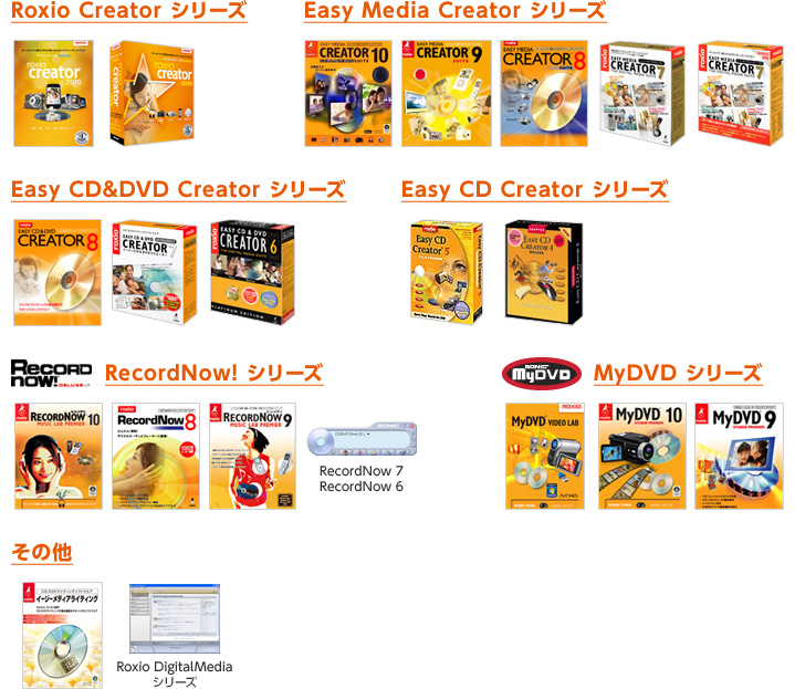 ・Roxio Creator シリーズ ・Easy Media Creator シリーズ ・Easy CD&DVD Creator シリーズ ・Easy CD Creator シリーズ ・RecordNow! シリーズ ・MyDVD シリーズ ・その他