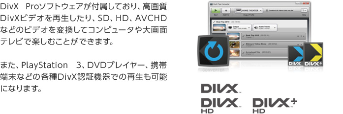 DivX Proソフトウェアが付属しており、高画質DivXビデオを再生したり、SD、HD、AVCHD などのビデオを変換してコンピュータや大画面テレビで楽しむことができます。また、PlayStation 3、DVDプレイヤー、携帯端末などの各種DivX認証機器での再生も可能になります。