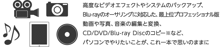 高度なビデオエフェクトやシステムのバックアップ、Blu-rayのオーサリングに対応した、最上位プロフェッショナル版動画や写真、音楽の編集と変換、CD/DVD/Blu-ray Discのコピー※など、パソコンでやりたいことが、これ一本で思いのままに