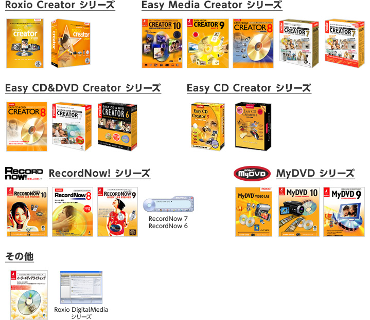 ・Roxio Creator シリーズ ・Easy Media Creator シリーズ ・Easy CD&DVD Creator シリーズ ・Easy CD Creator シリーズ ・RecordNow! シリーズ ・MyDVD シリーズ ・その他